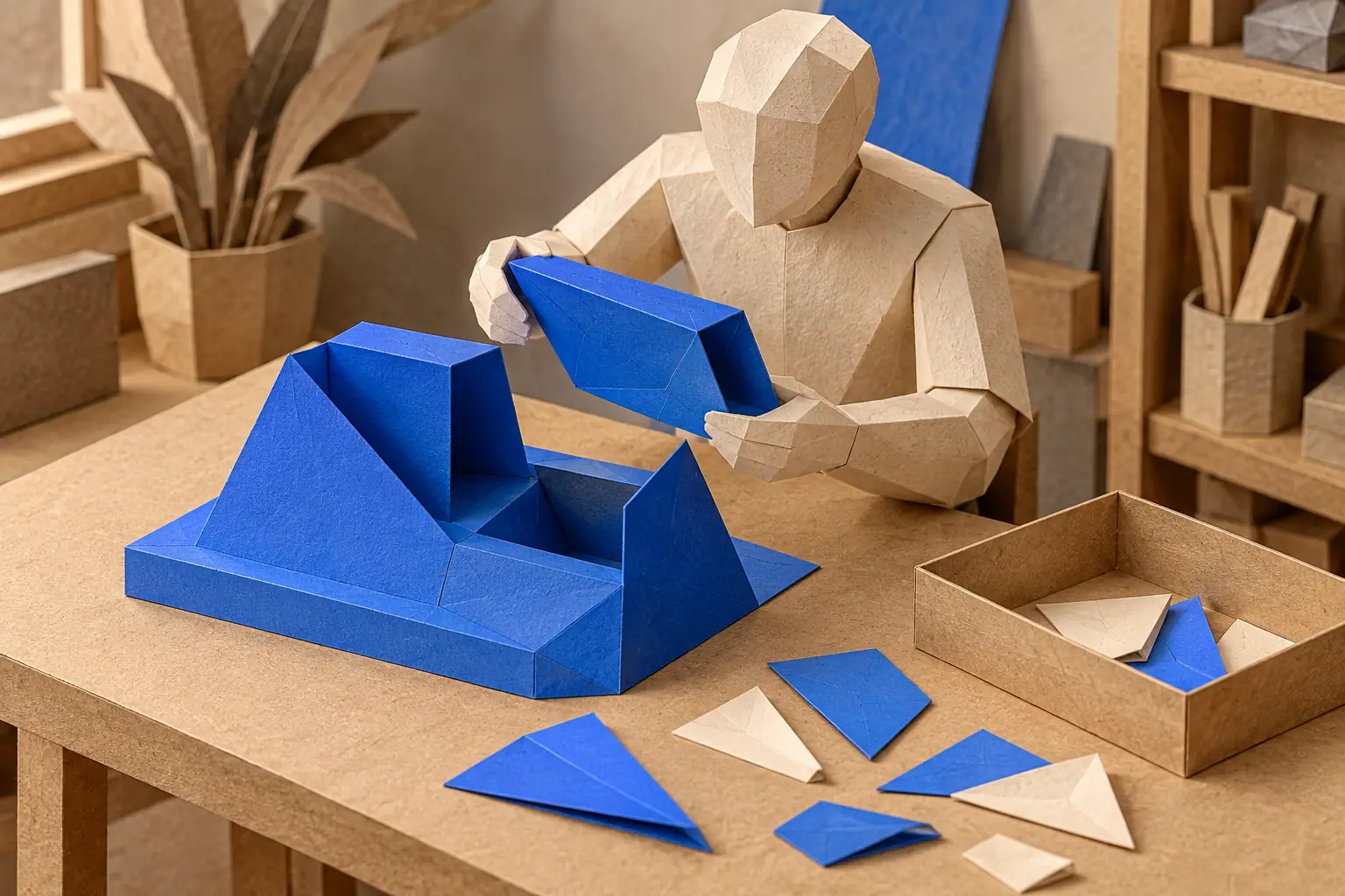 Illustration: a faceless paper figure examines a partly assembled blue paper construction and loose pieces beside an open kraft tray.