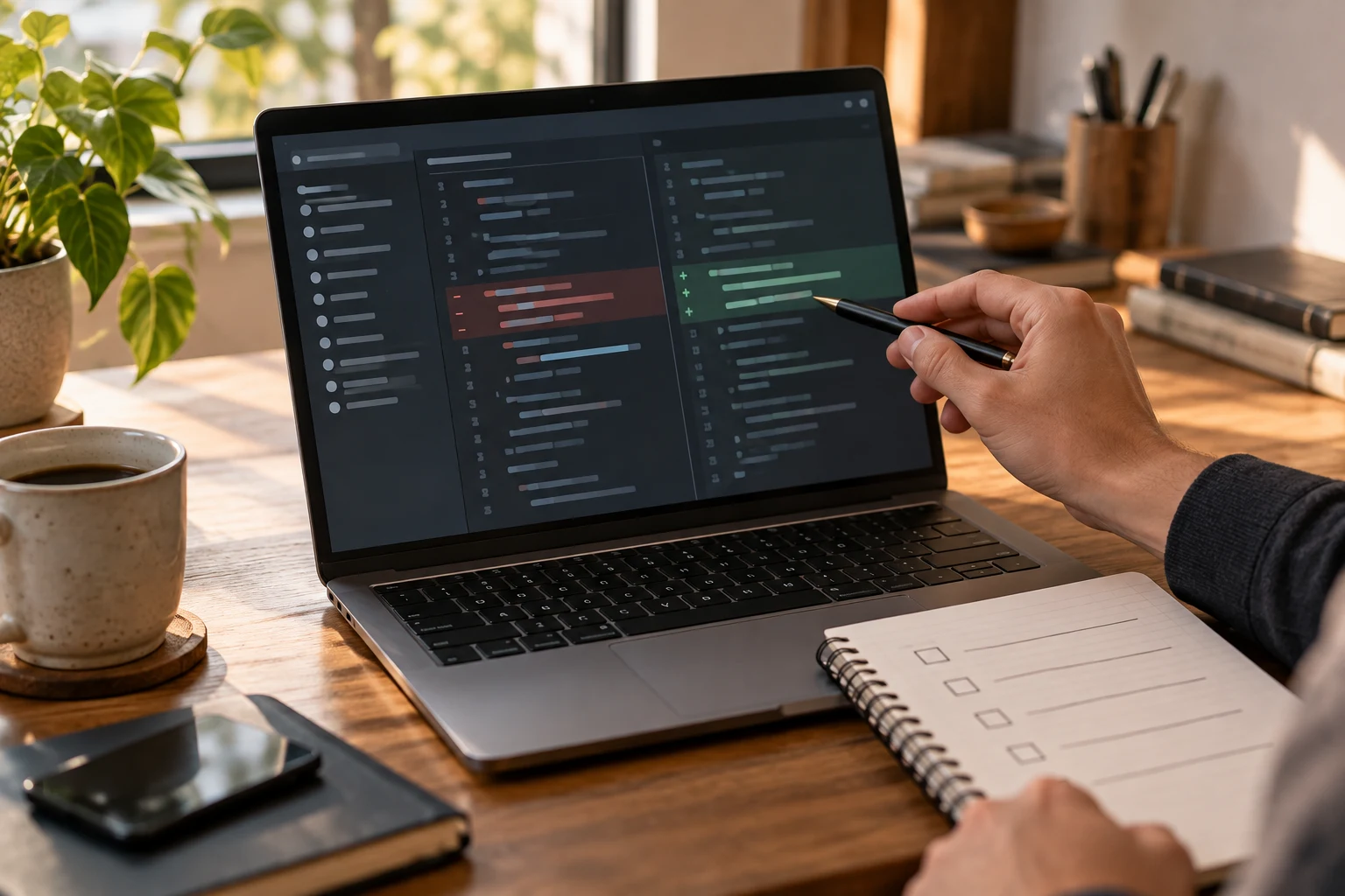 Illustration of a person reviewing a code change.