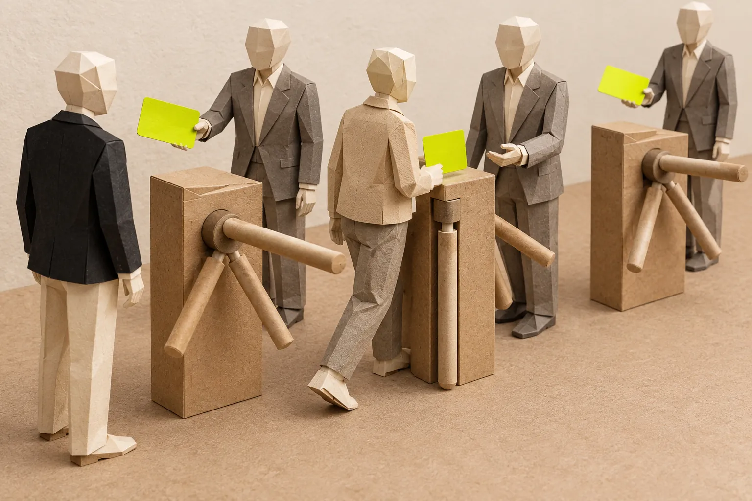 Illustration: paper figures pass a row of turnstiles, each opened by a green card handed over beside it.