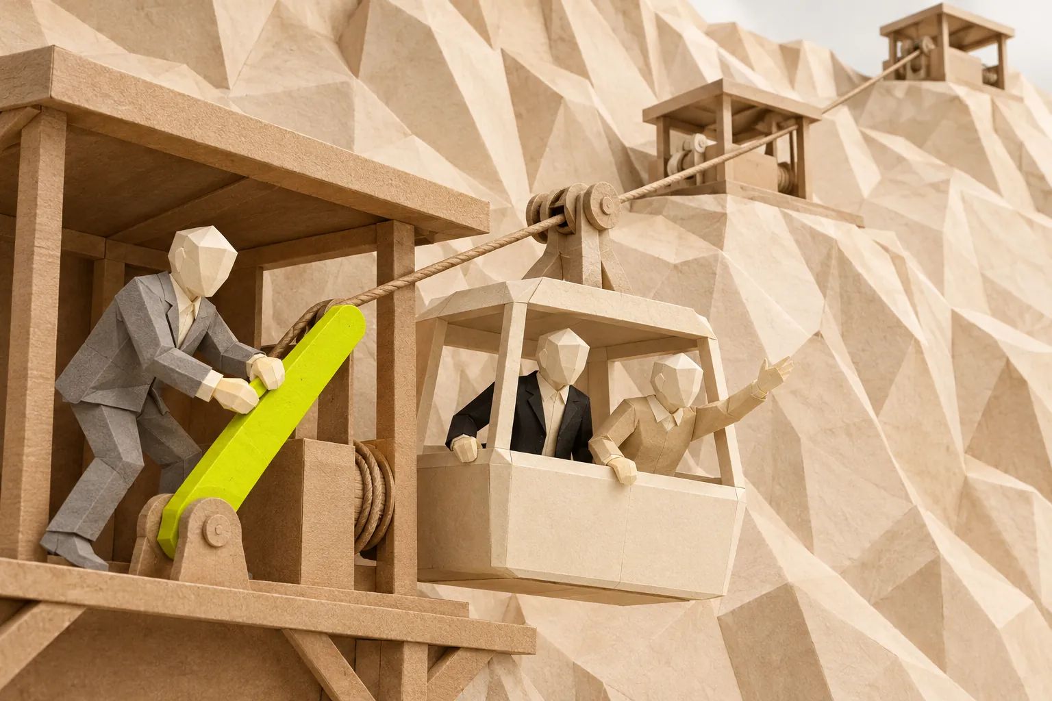 Illustration: a paper figure pulls a green lever that sends a cable car with two passengers up a paper mountain.
