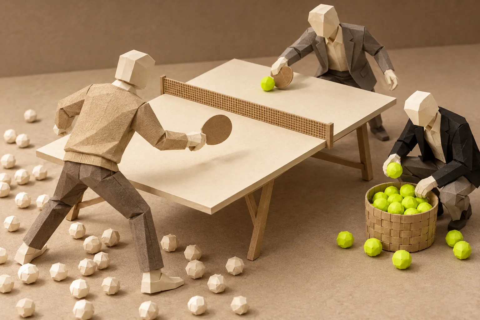 Illustration: paper figures play table tennis; one gathers the green balls that came back into a basket.