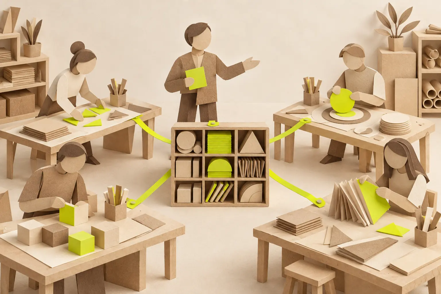 Illustration: A paper team leader stands between a shared organizer and several workbenches.