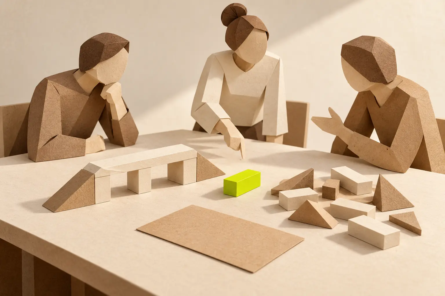 Illustration: paper figures compare an assembled bridge with loose components on the same table.