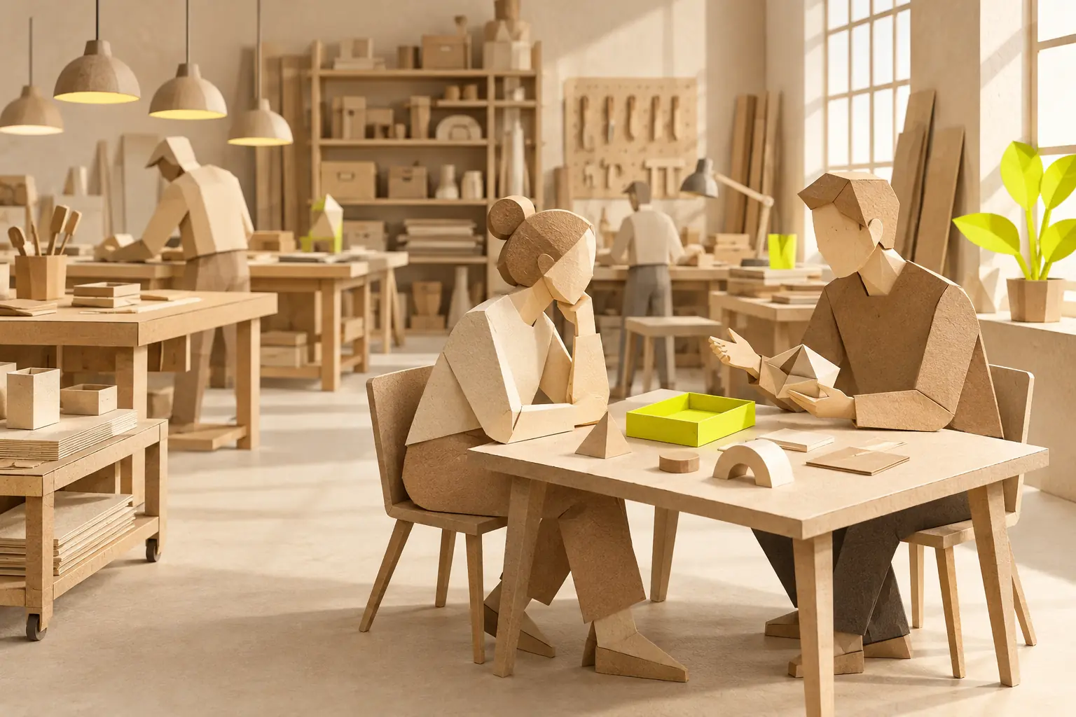 Illustration: two paper figures discuss a few components at a table beside a larger workshop.