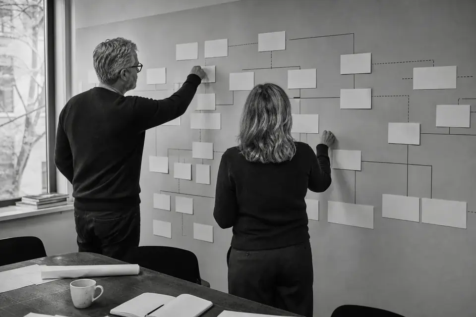 Illustration: two people arranging cards into a branching chart on an office wall
