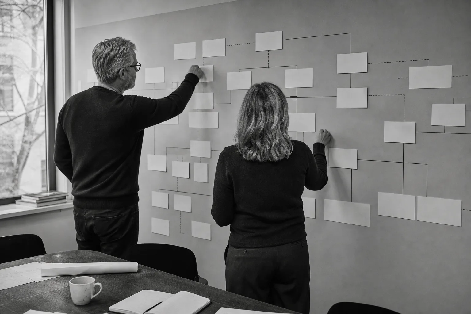Two leaders mapping roles and connections in a Sales Engineering operating model