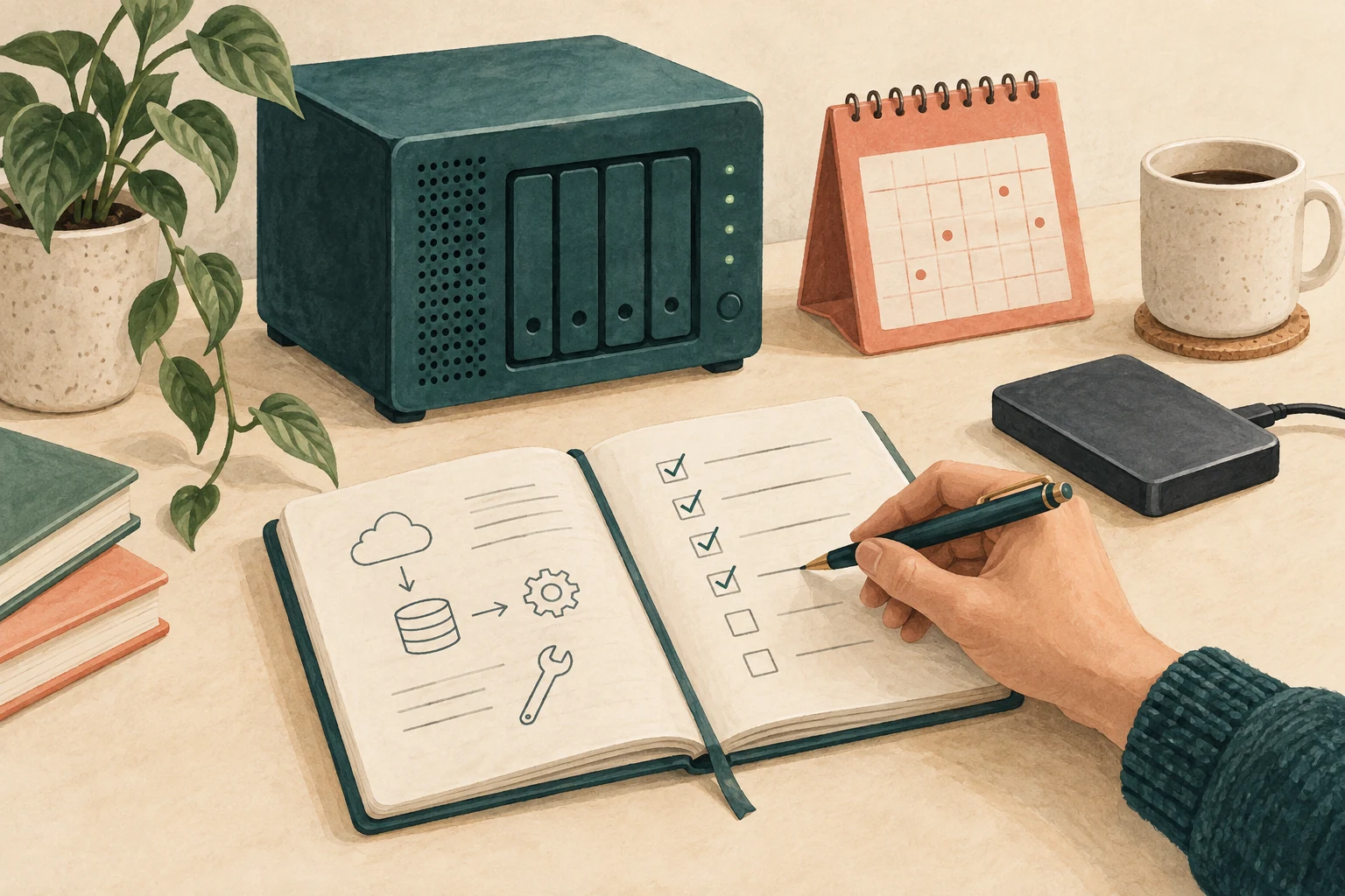 Illustration: conceptual illustration of a hand checking a maintenance notebook beside a compact server, calendar and backup drive