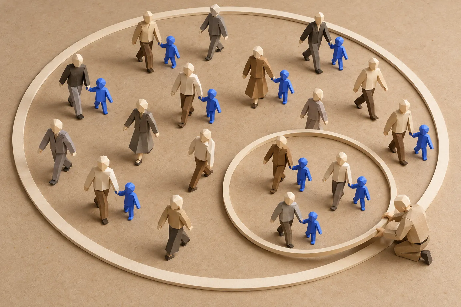 Illustration: seen from above, paper figures walk inside a large cream hoop, and a kneeling figure lifts a smaller hoop around three who walk with blue helpers.