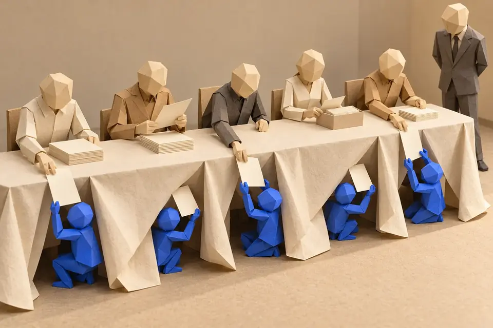 Illustration: small blue paper figures crouch under a long table and hand sheets up to five people working above, while a figure in a grey suit stands at the end.
