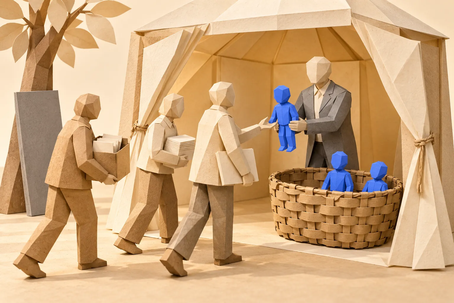 Illustration: in an open paper pavilion, a figure in a grey suit hands small blue paper figures from a basket to people carrying their own work.