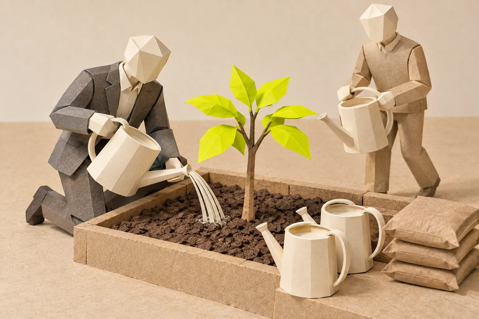 Illustration: a paper figure waters a young tree while two more full watering cans wait.