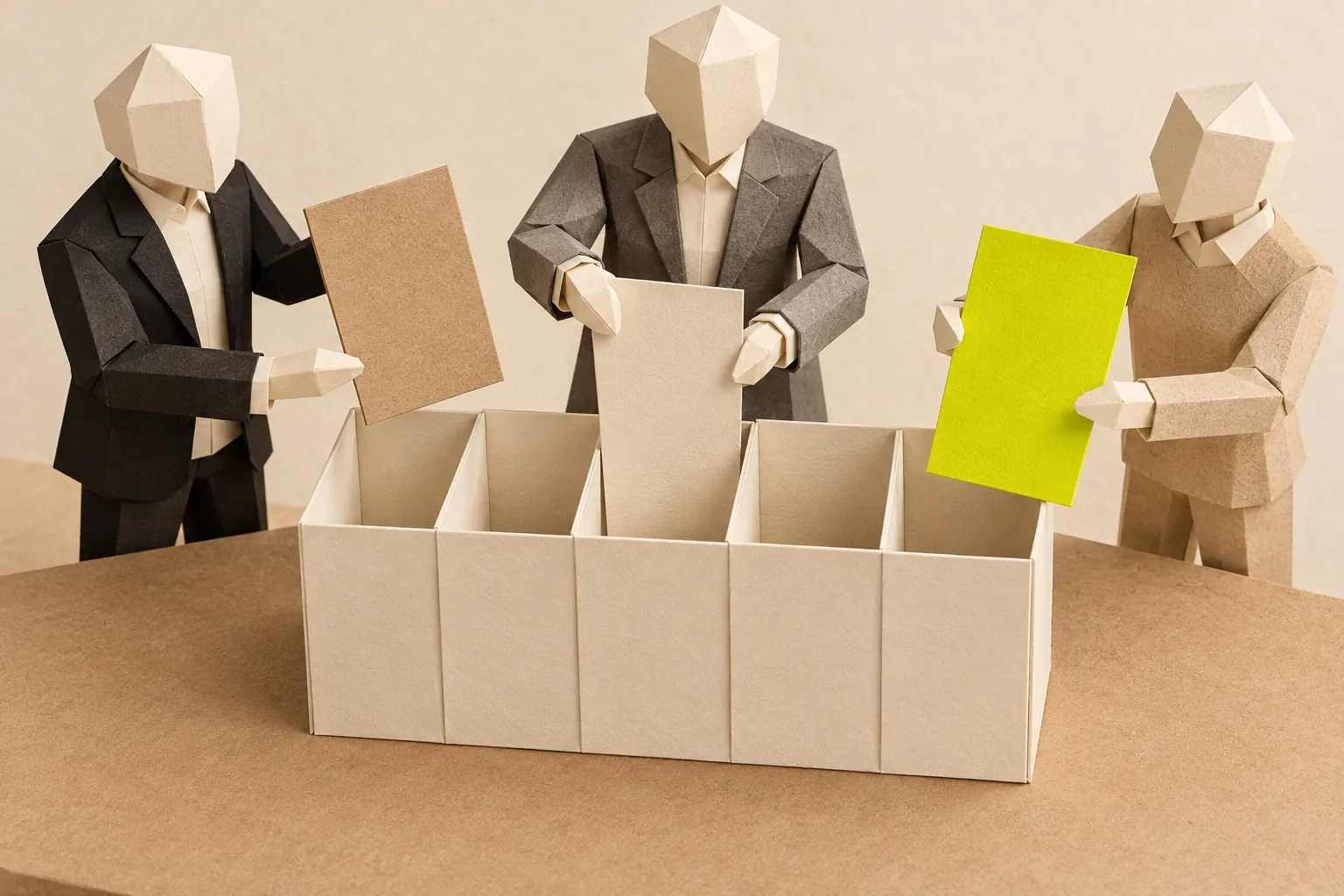 Illustration: a paper figure fills a case with five compartments while two others hand over panels.
