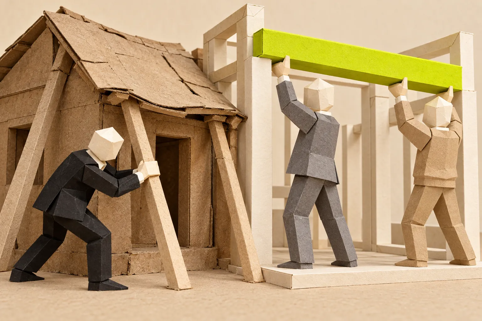 Illustration: paper figures prop up an old paper house while lifting a beam onto a new frame beside it.