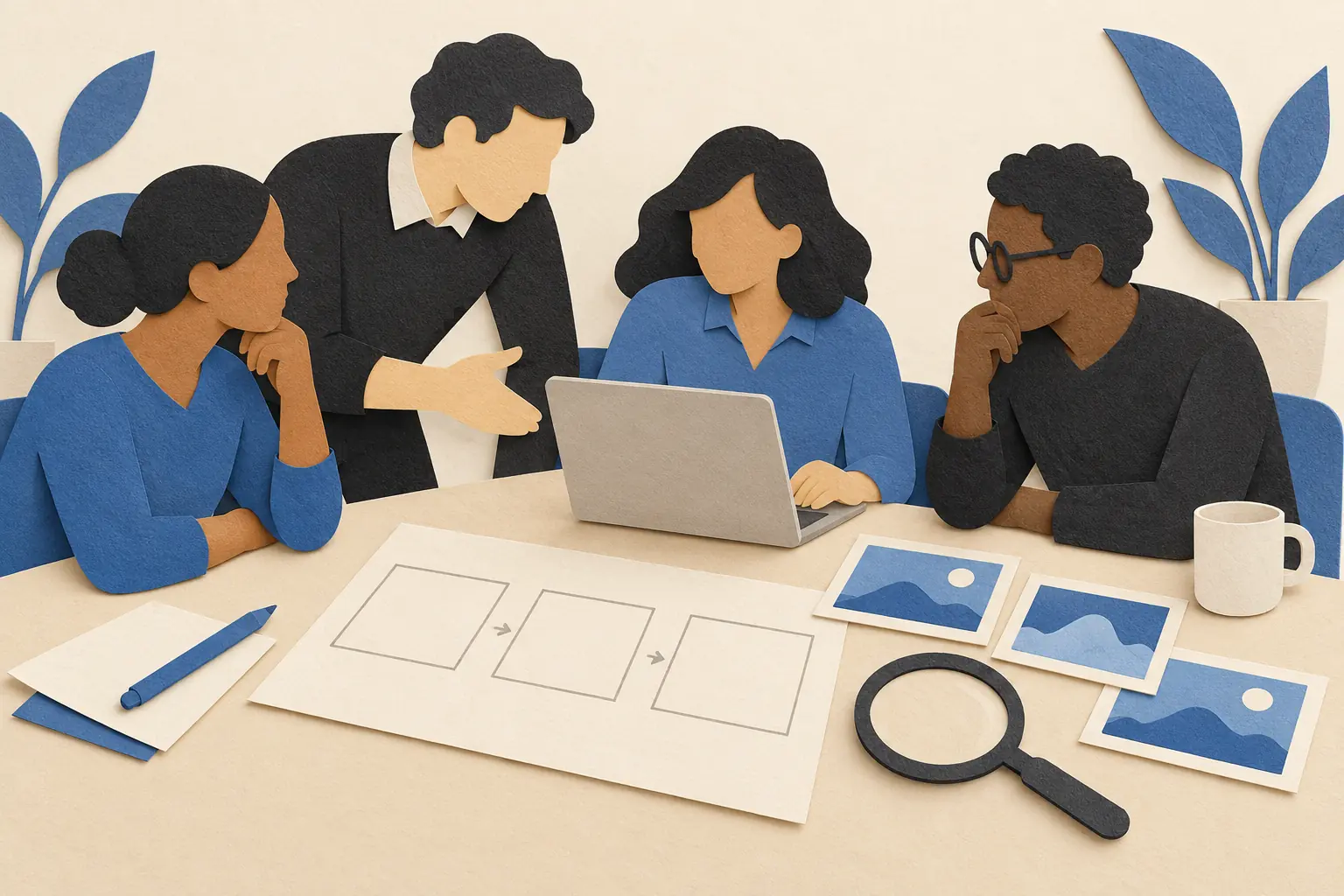 Illustration of colleagues preparing a software demonstration.