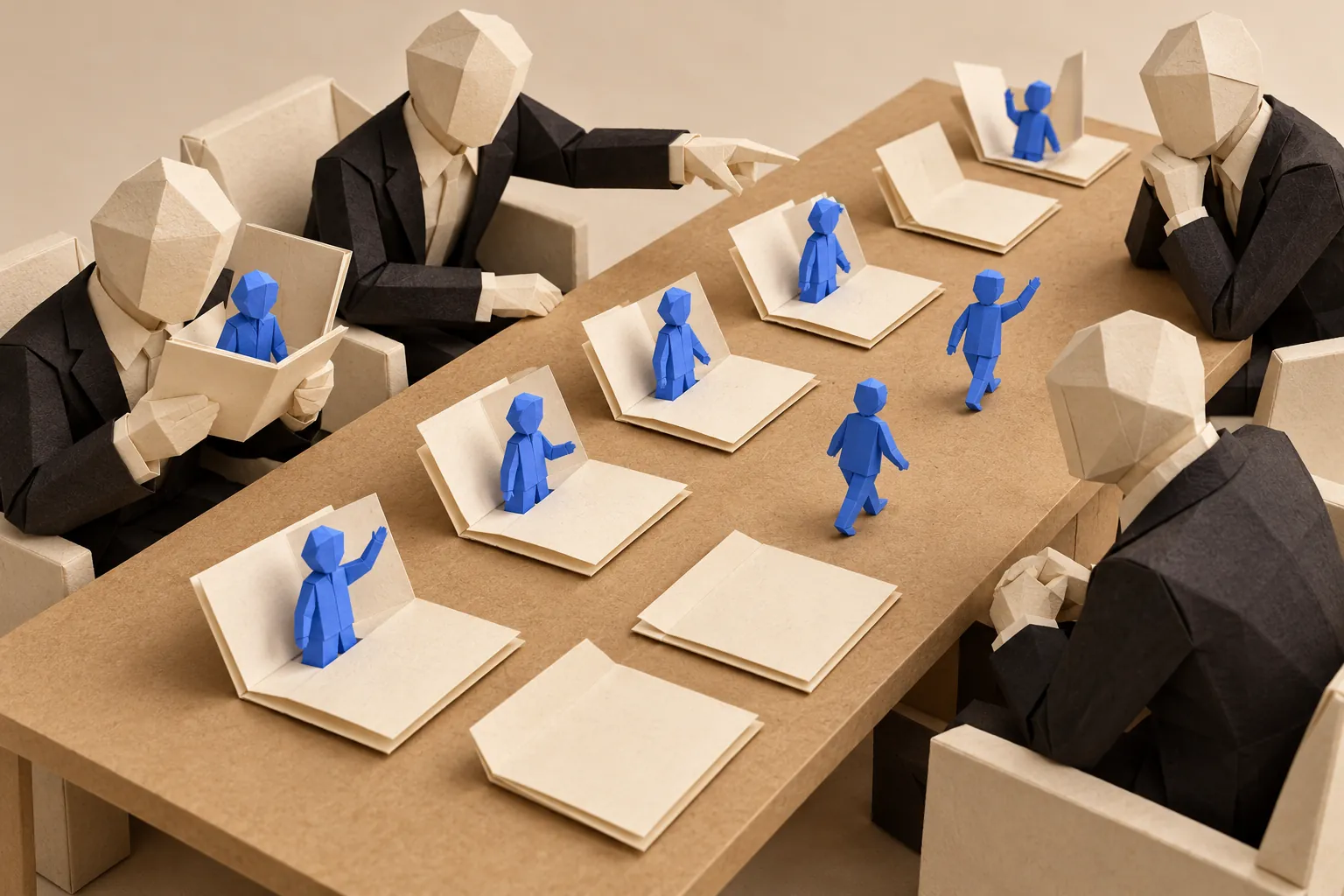 Illustration: paper figures at a boardroom table examine folders containing small blue figures.