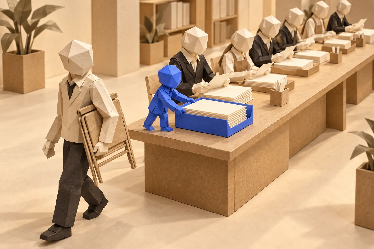 Illustration: a paper figure carries its chair away while a small blue figure supplies the desk with sheets.
