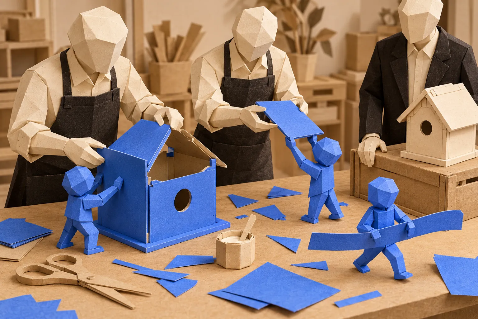 Illustration: paper figures build a blue birdhouse beside a seller’s finished cream model.