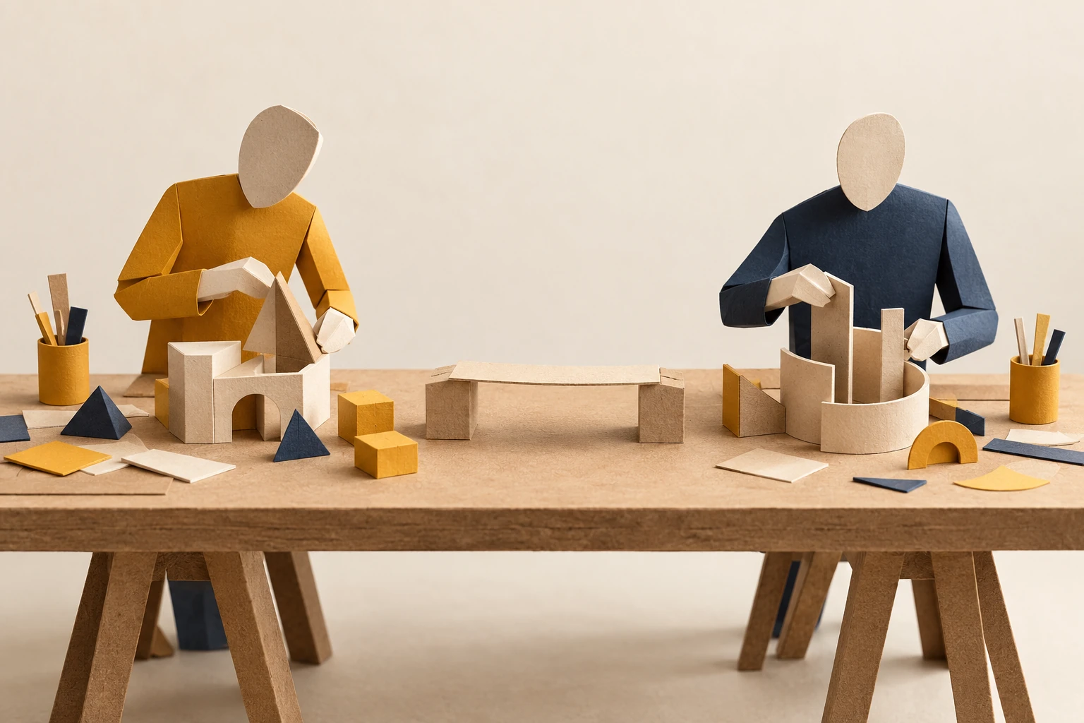 Illustration: two faceless paper figures make separate cardboard constructions at one table, with a blank paper bridge between them.