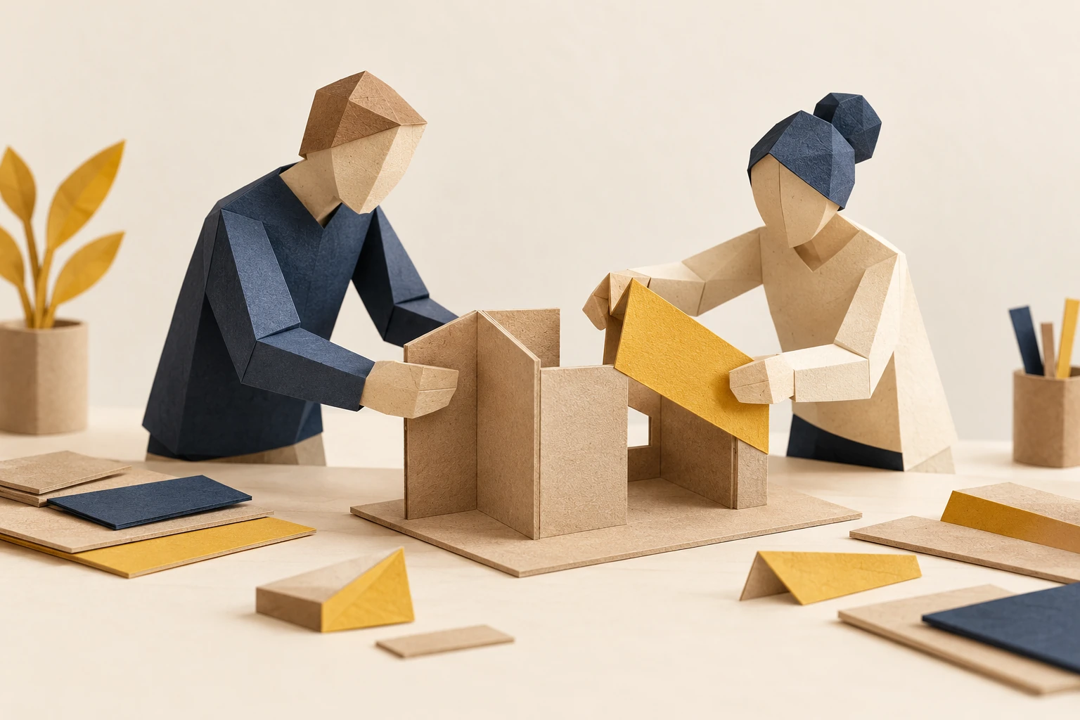 Illustration: two faceless paper figures work on opposite sides of one unfinished cardboard model.