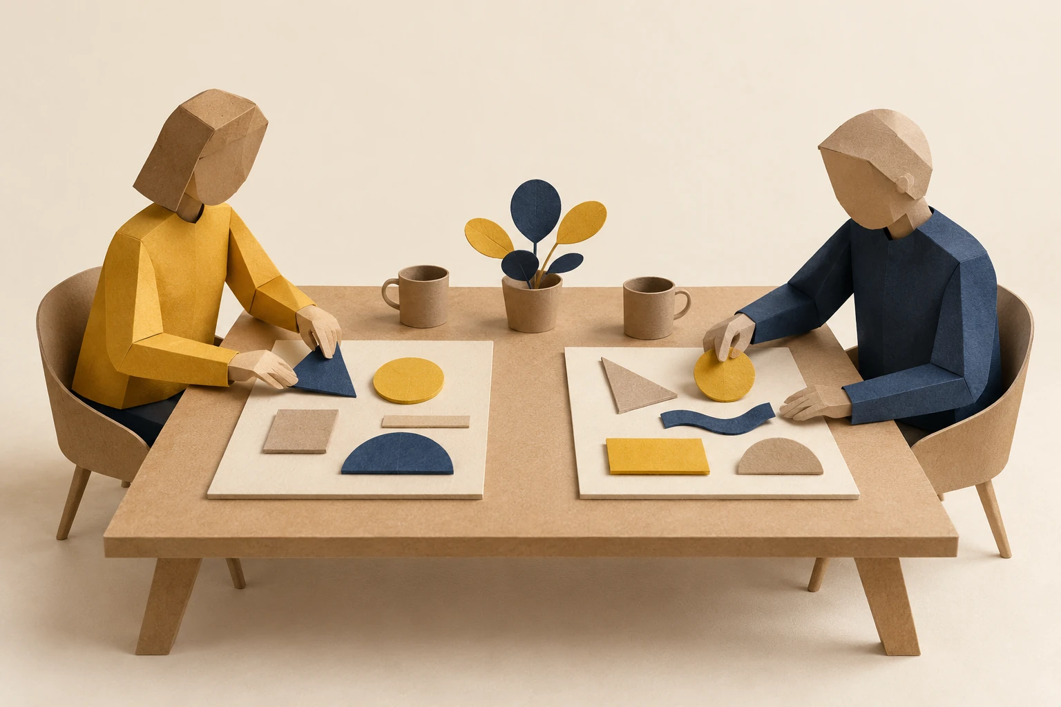 Illustration: two faceless paper figures arrange different paper shapes on separate blank boards at a shared table.
