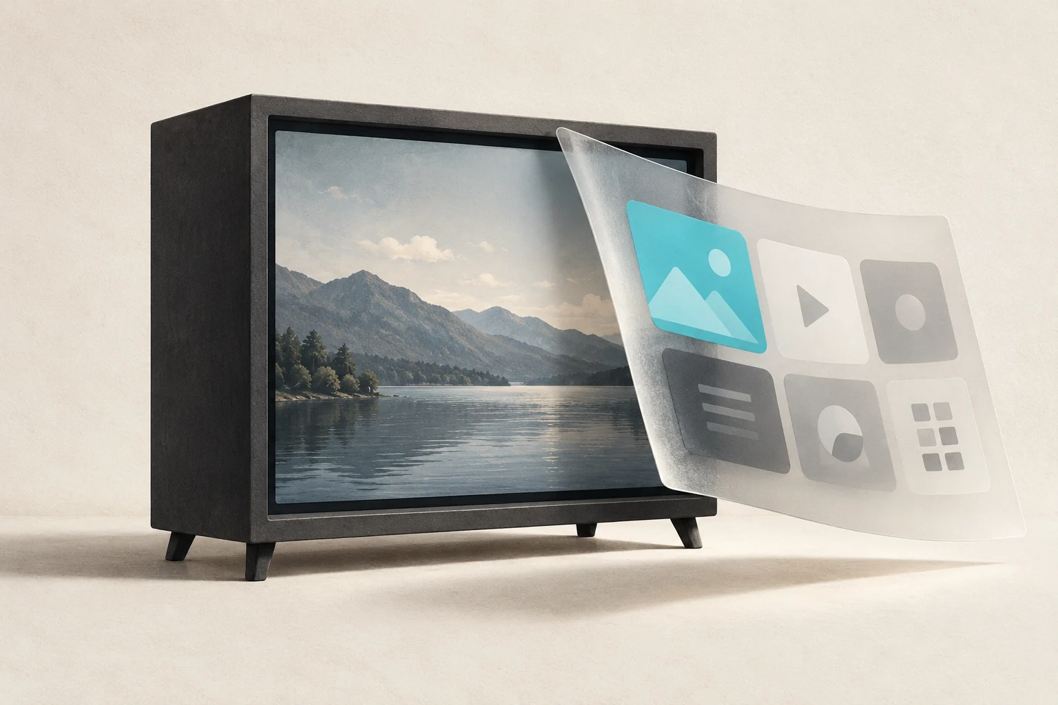 Illustration: conceptual illustration of a television remaining intact while a translucent software interface lifts away from the screen