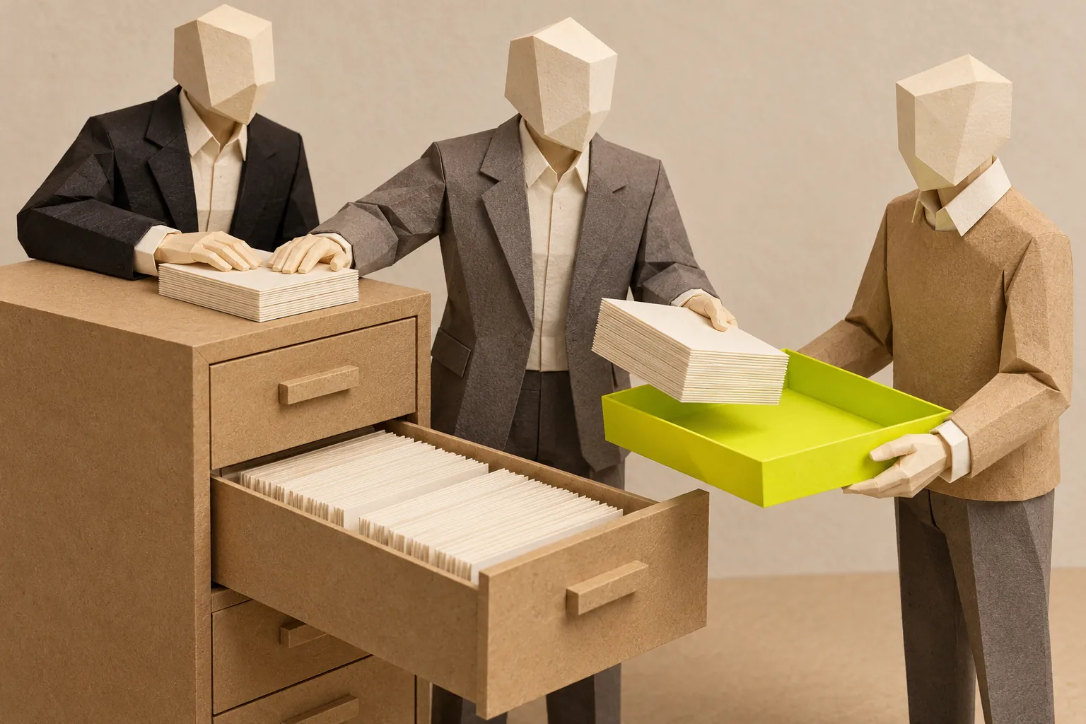 Illustration: three paper figures at a filing cabinet: one passes a stack of blank cards from an open drawer into a bright green tray, and two rest their hands together on a stack on top.