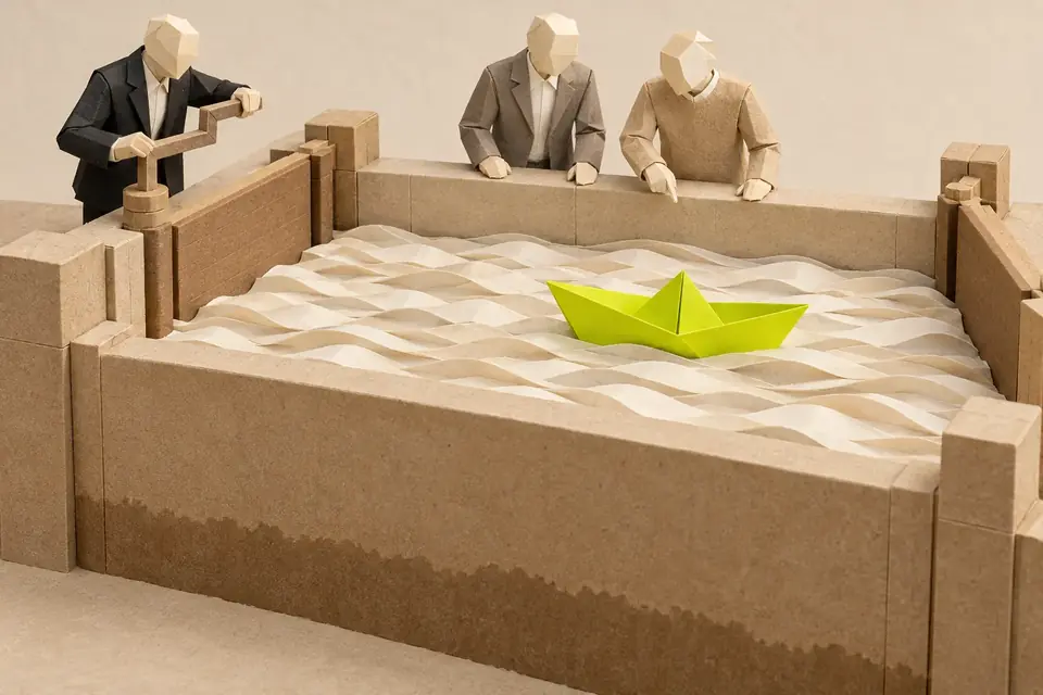 Illustration: a paper boat floats high in a paper canal lock, above a darker band on the wall where the water stood before, while three paper figures look on and one turns the gate crank.