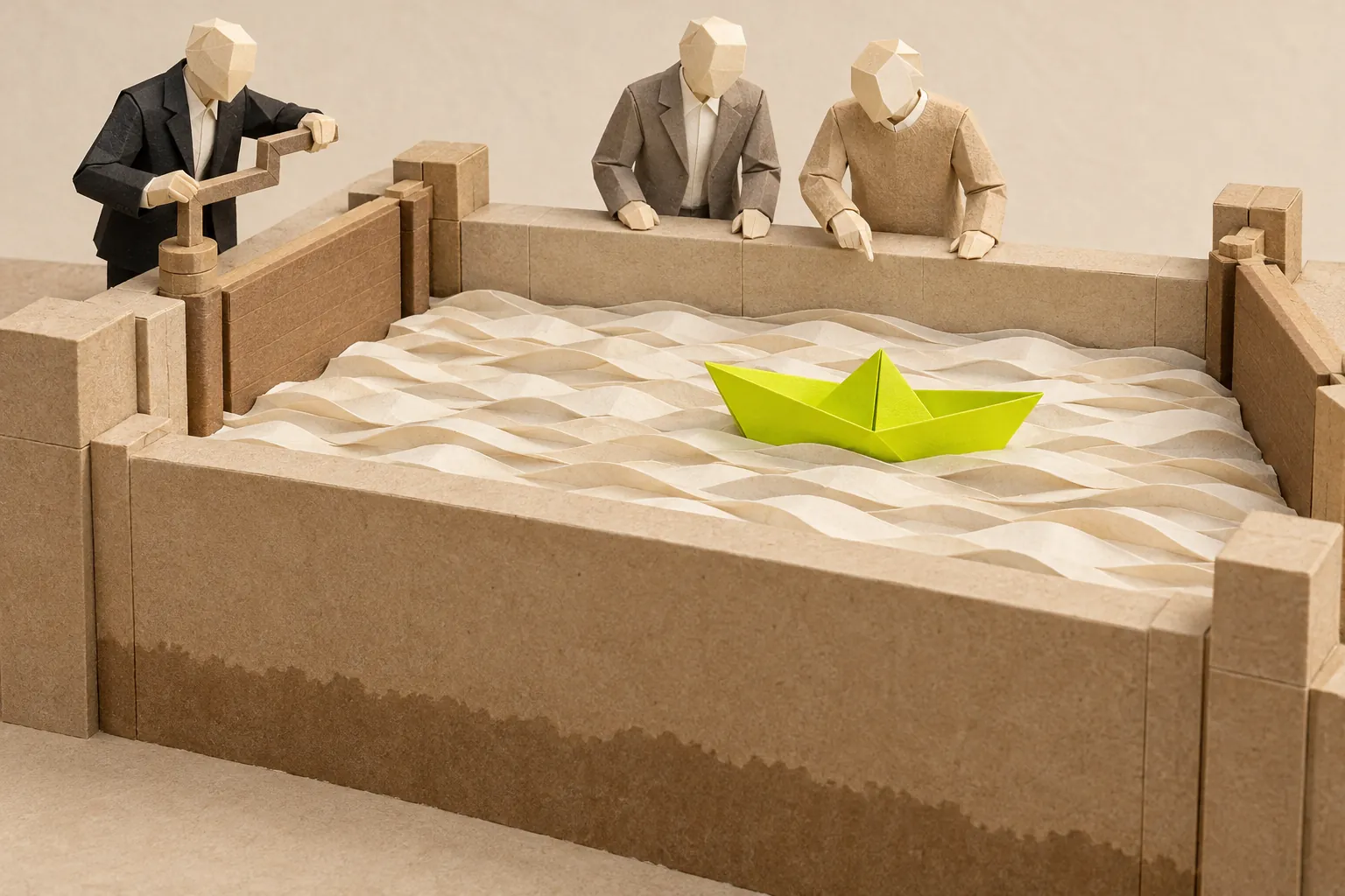 Illustration: a paper boat floats high in a paper canal lock, above a darker band on the wall where the water stood before, while three paper figures look on and one turns the gate crank.