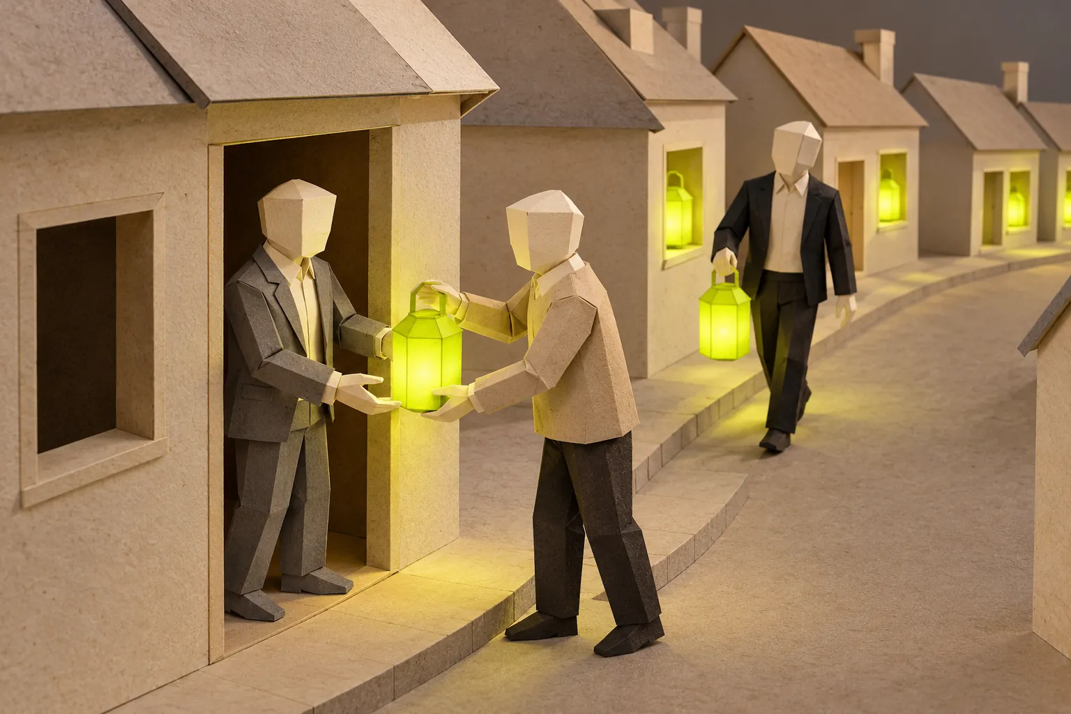 Illustration: on a paper street at dusk, one figure hands a lit green lantern to a figure in a doorway, and another walks up the street carrying a second lantern.