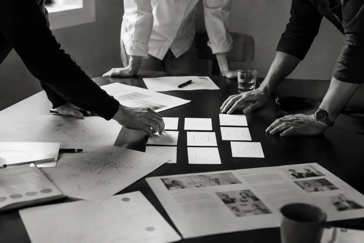 A commercial team arranging customer evidence and framework components during a working session