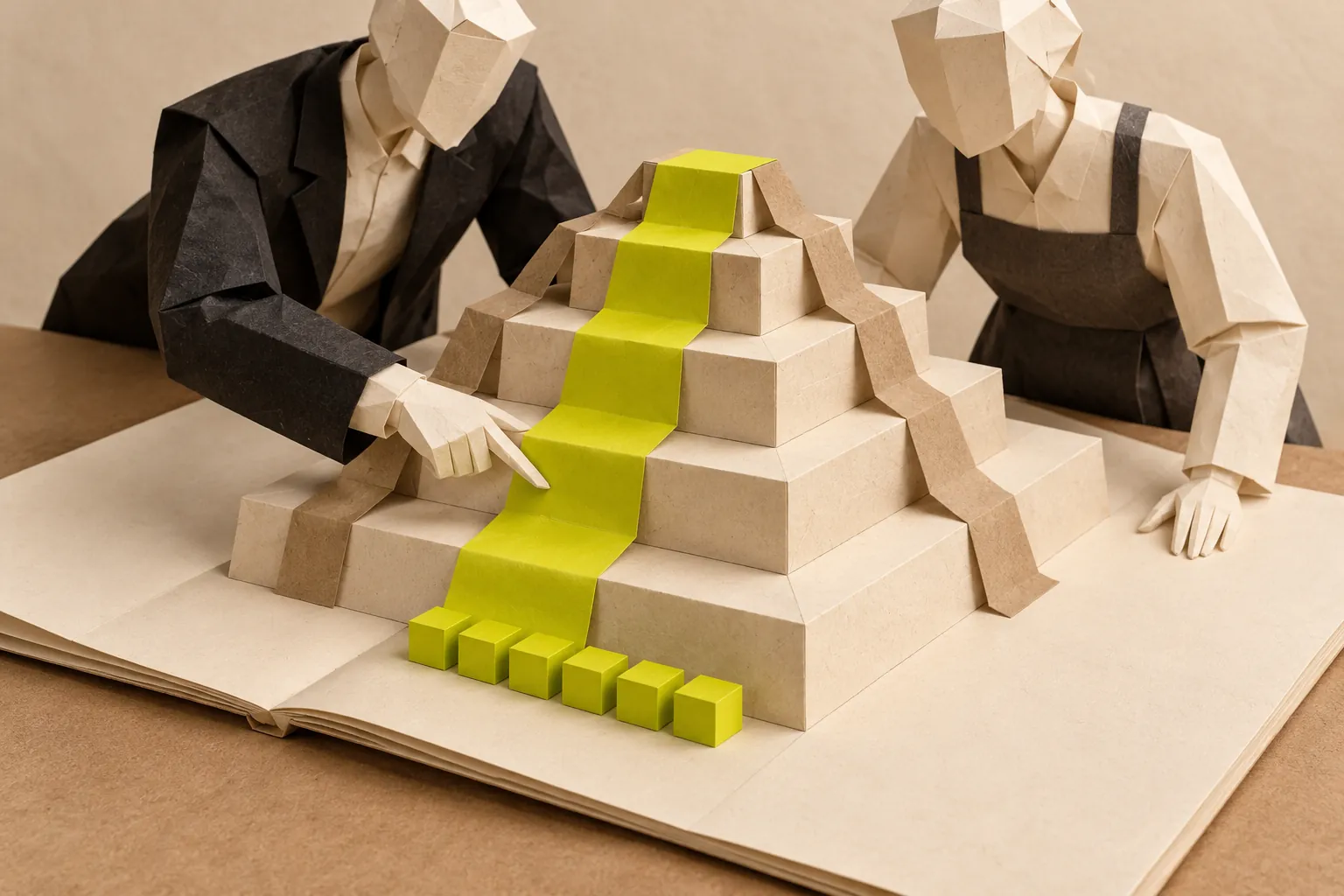 Illustration: paper figures trace a chartreuse ribbon down a stepped pyramid toward a set of blocks.