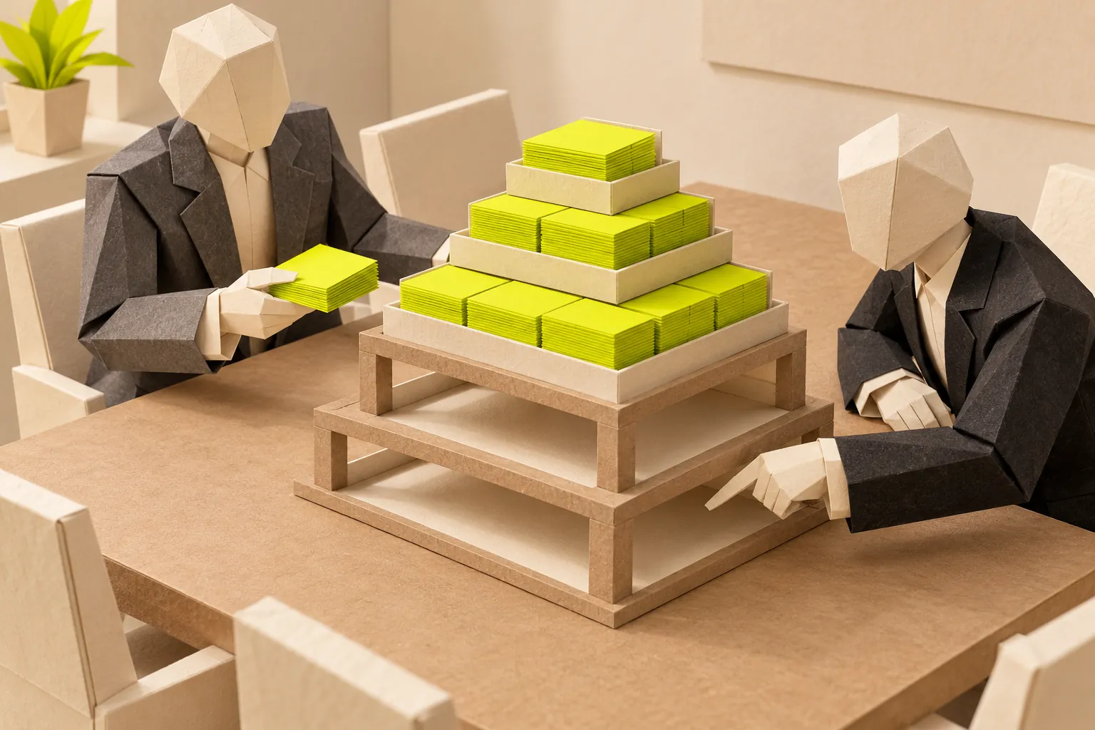 Illustration: at a meeting table, paper figures discuss a stepped model with its lower tiers still empty.