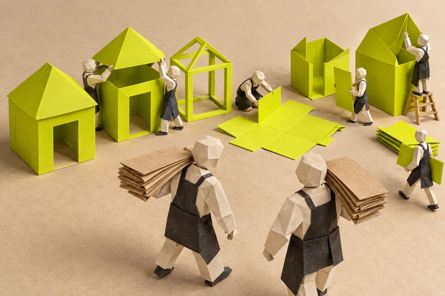 Illustration: chartreuse paper pavilions stand at different stages of construction as paper figures approach.