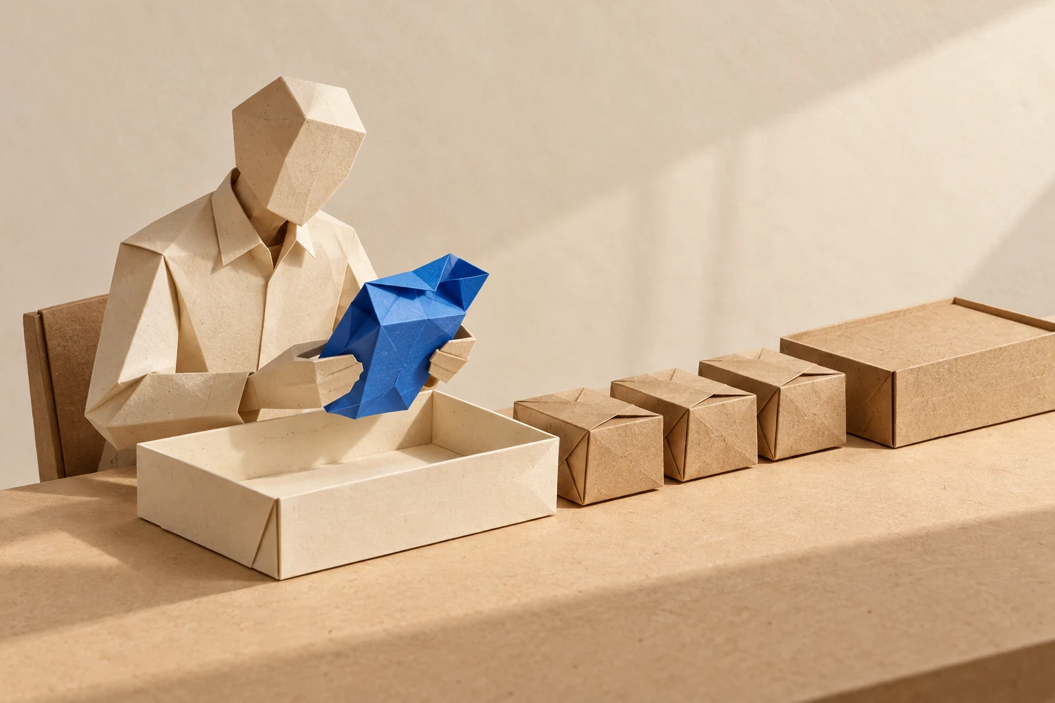 Illustration: a paper figure examines an irregular blue packet beside a row of uniform sealed packets.