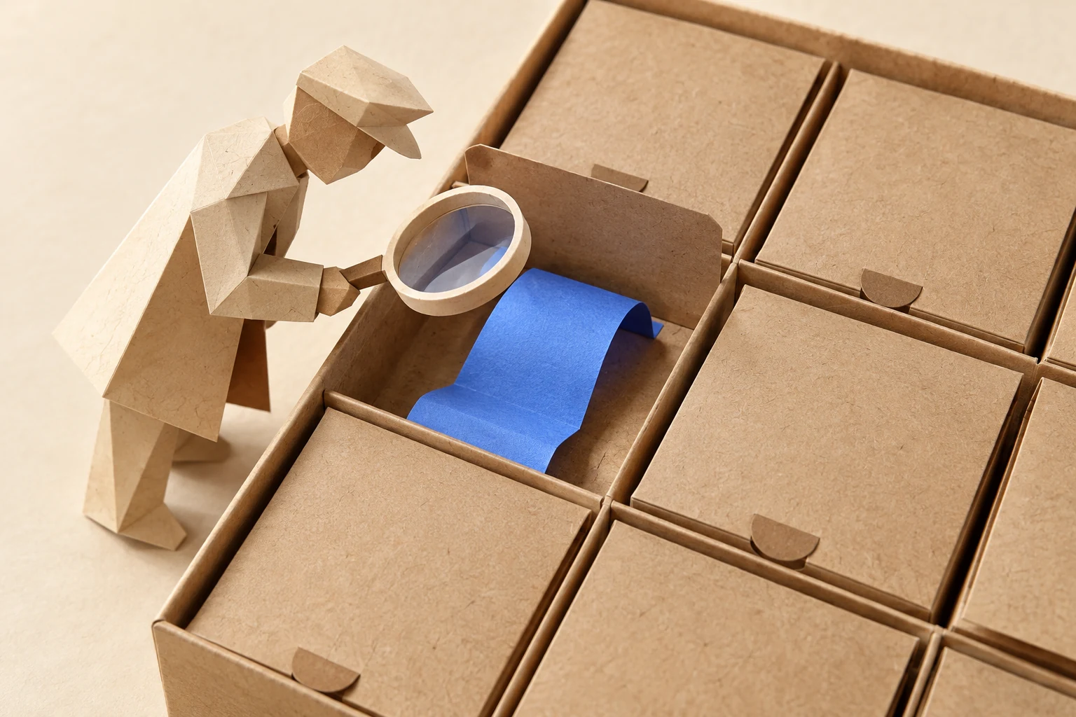 Illustration: a paper inspector examines the blue strip in one open compartment while the other compartments remain closed.