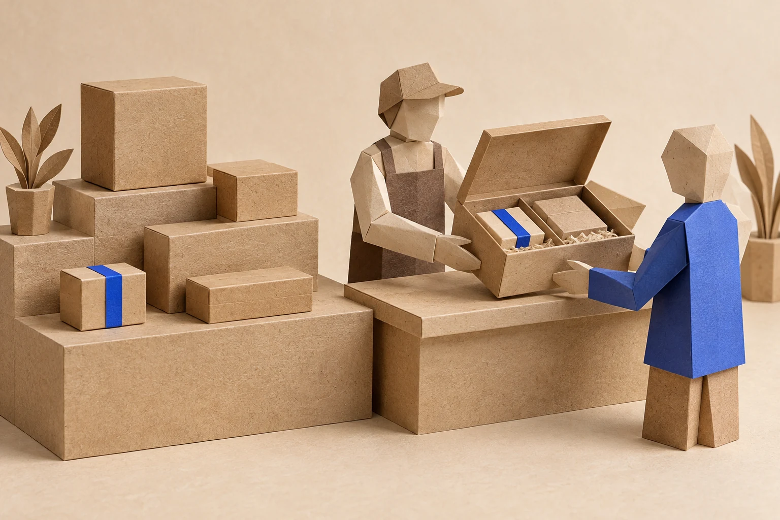 Illustration: paper figures exchange an open box containing a blue-banded package beside a display of smaller boxes.