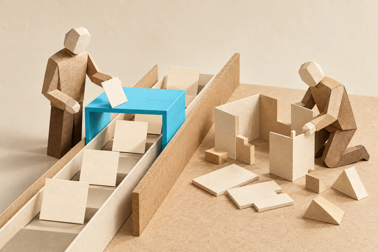 Illustration: paper records pass through a frame while a separate task remains unfinished