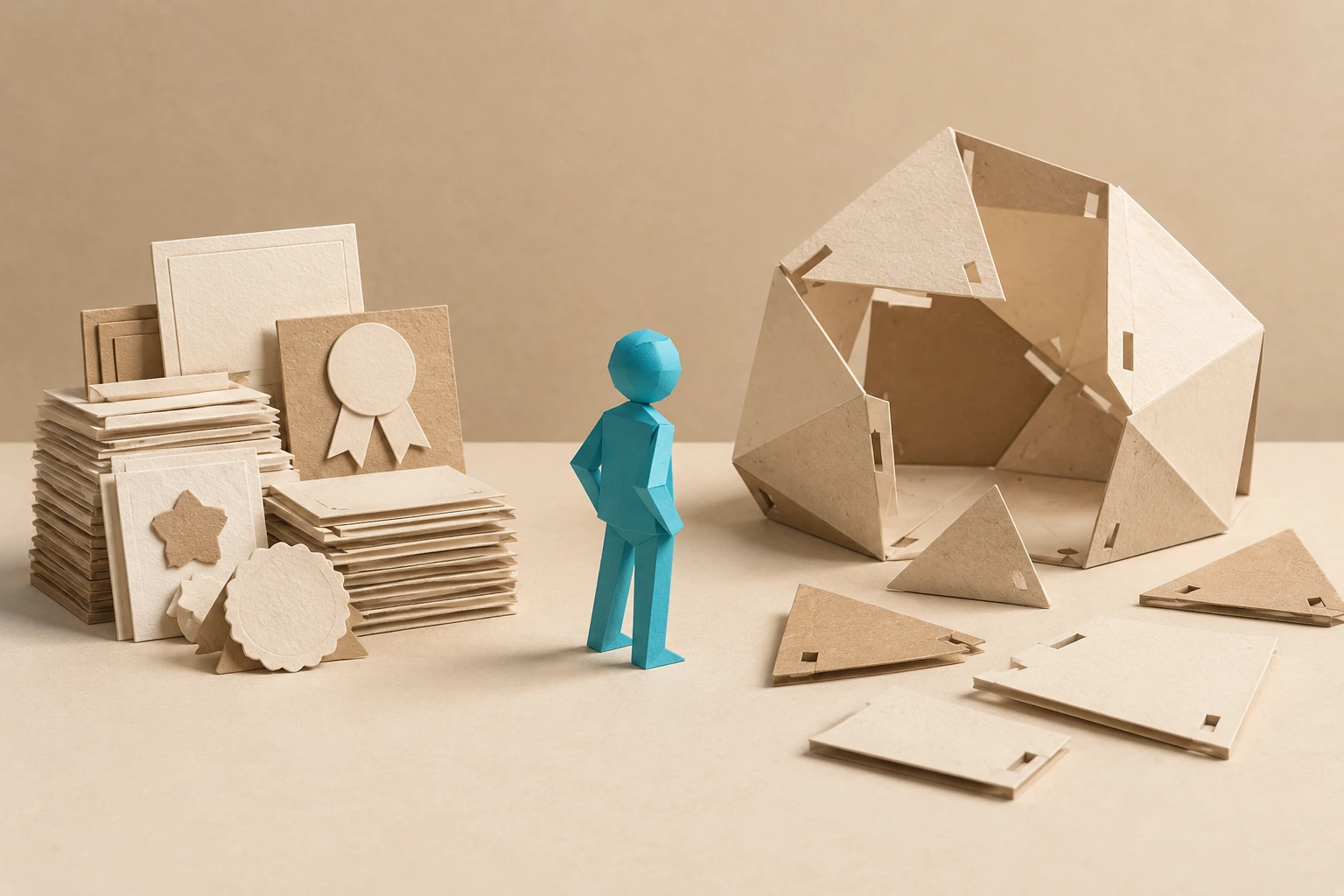 Illustration: a stack of paper learning awards beside an unfinished piece of work