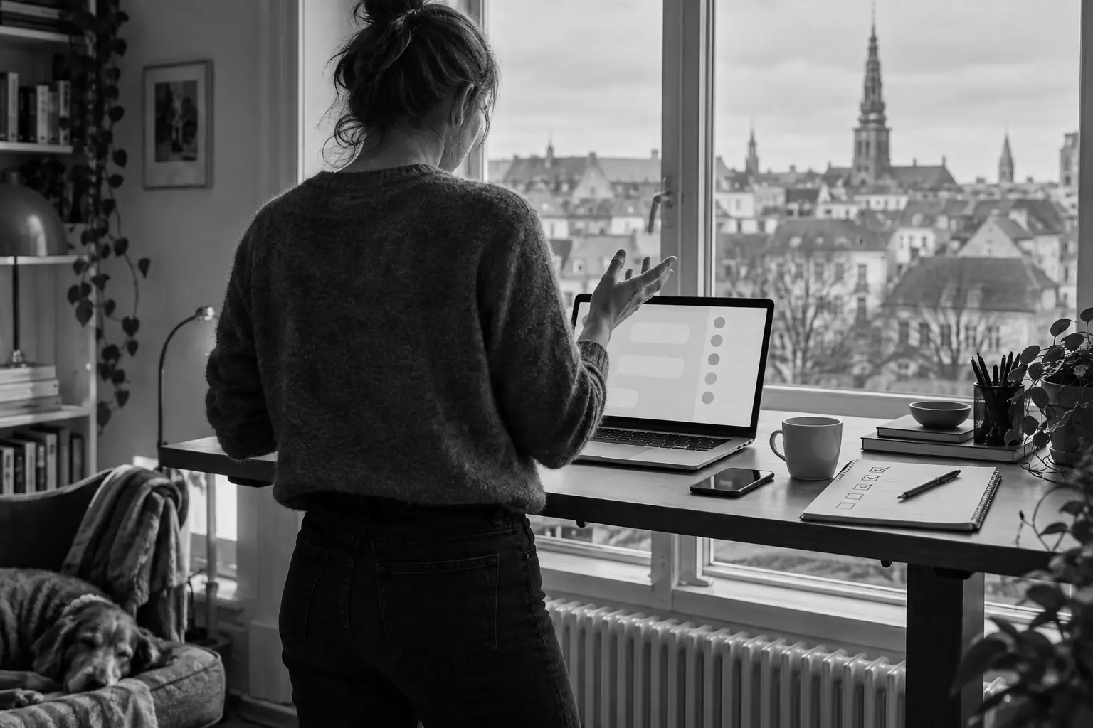 Illustration: a person at a standing desk by a tall Copenhagen window, gesturing at a laptop