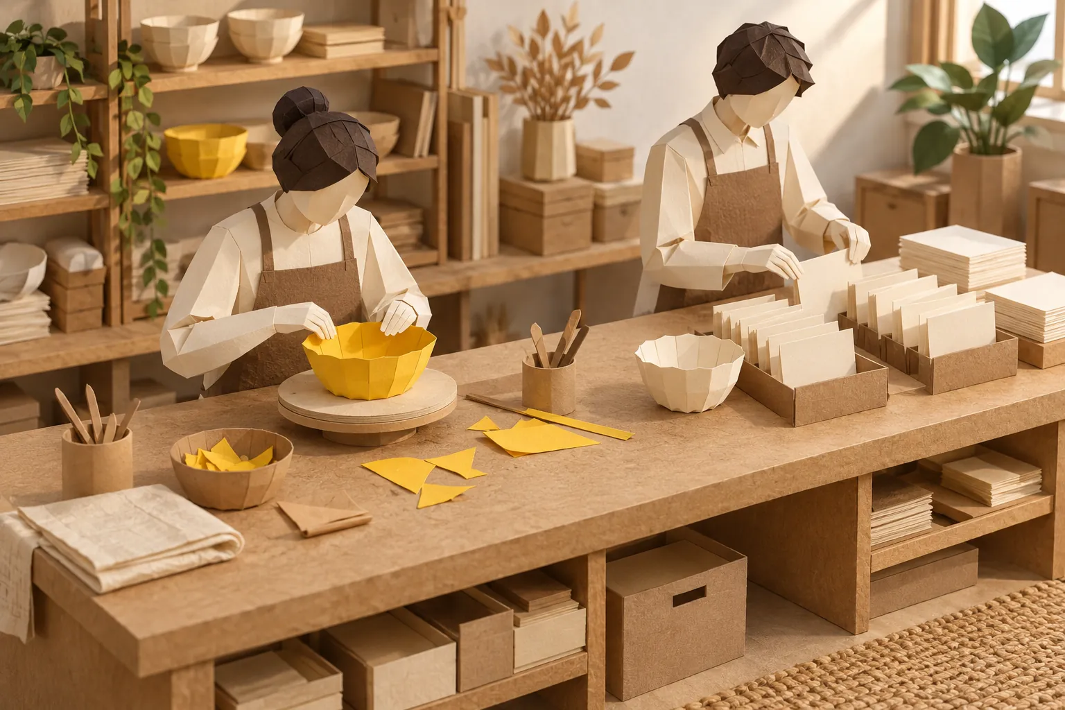 Illustration: two faceless paper figures work at a bench, one shaping a yellow bowl and the other arranging blank cards in slots.