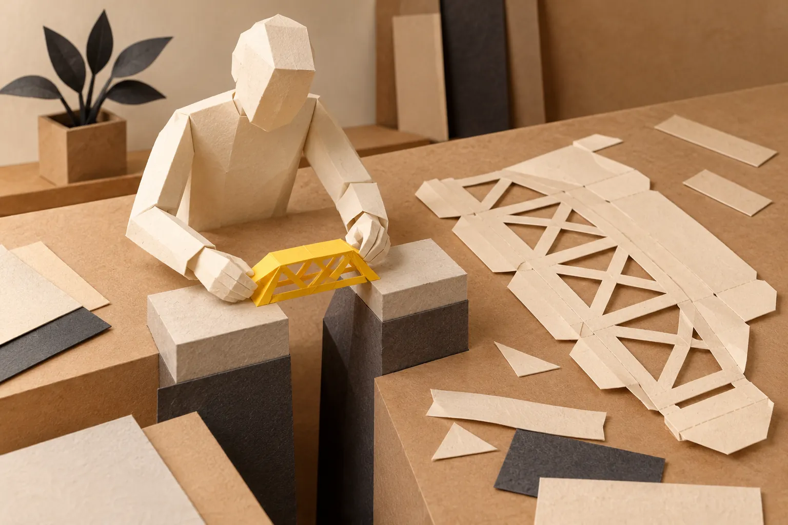 Illustration: a faceless paper figure fits a small yellow bridge between two blocks beside a larger flat paper construction.