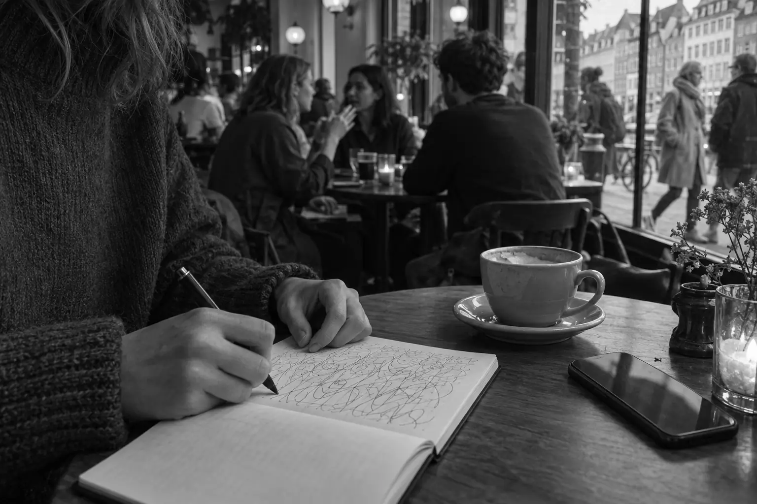 Illustration of a person writing notes beside a coffee cup in a cafe
