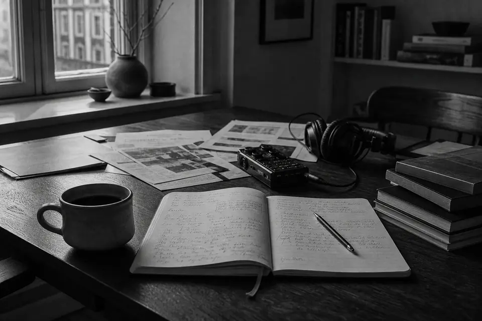 Illustration of an open notebook and pen on a desk