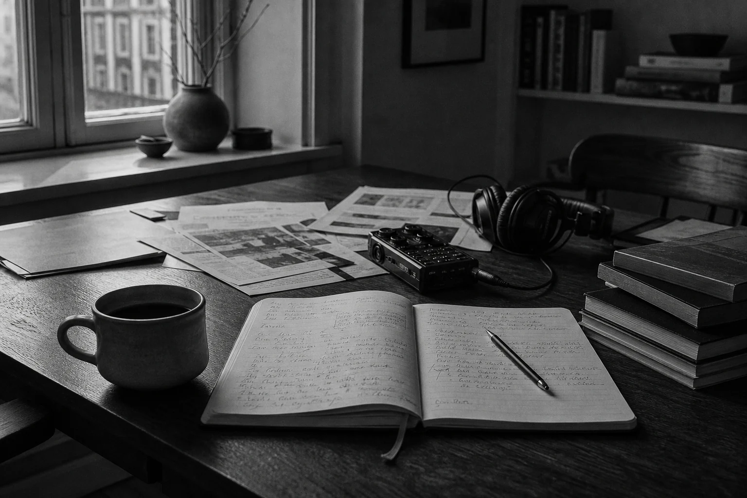 Notebook, printed pages, headphones and recorder on a writing desk