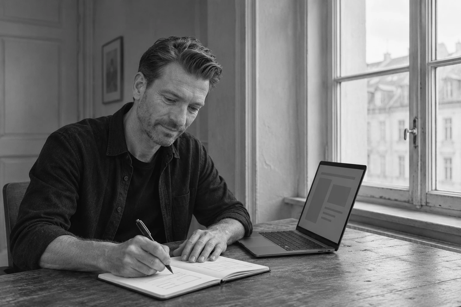 Jacob Top Møller writing in a notebook at his desk, a laptop beside him