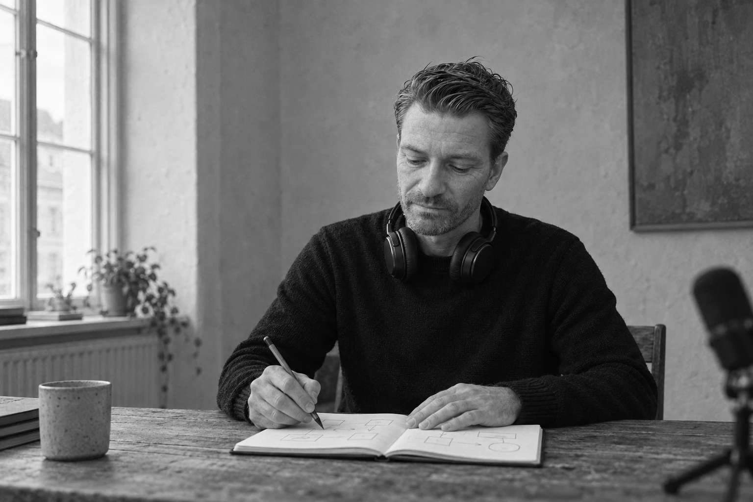 Jacob Top Møller writing notes at a table, headphones around his neck