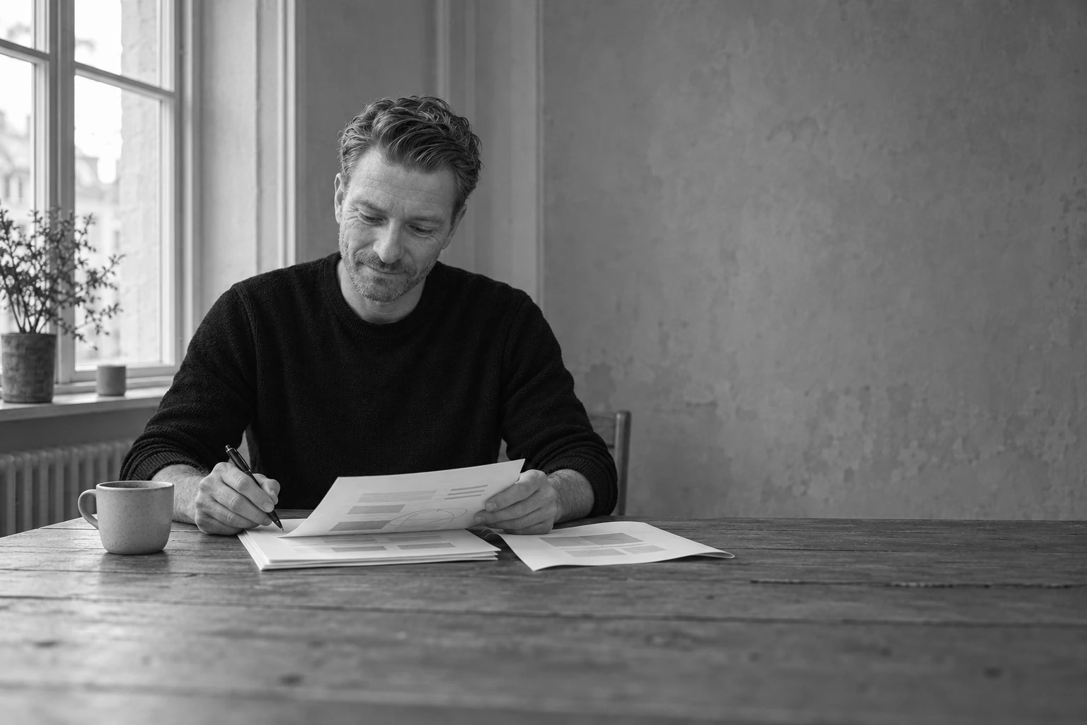 Jacob Top Møller reading printed pages at a table, pen in hand