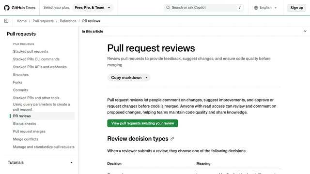 GitHub pull request reviews documentation page.