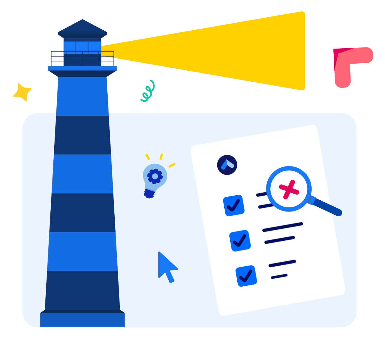 MEDDICC illustration of a lighthouse and an evaluation checklist