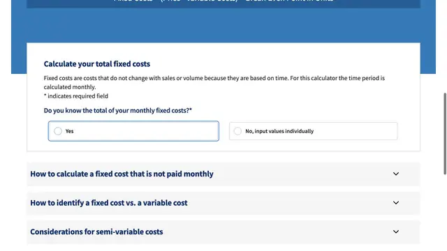 The SBA break-even calculator resource page.